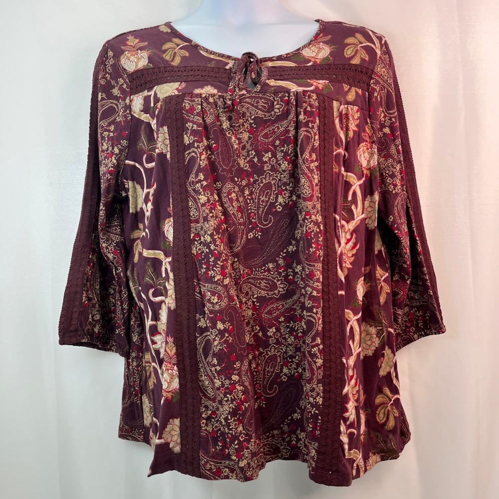 Paisley Floral Crochet‎ Trim XL Peasant Prairie Top Tie Neck Boho Laura Ingalls